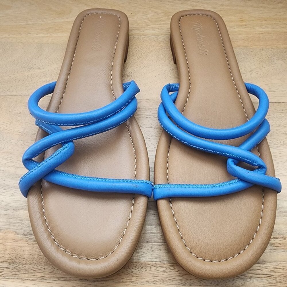 Madewell The Amel Slide Ornamental Blue Leather Sandals Womens Size 10